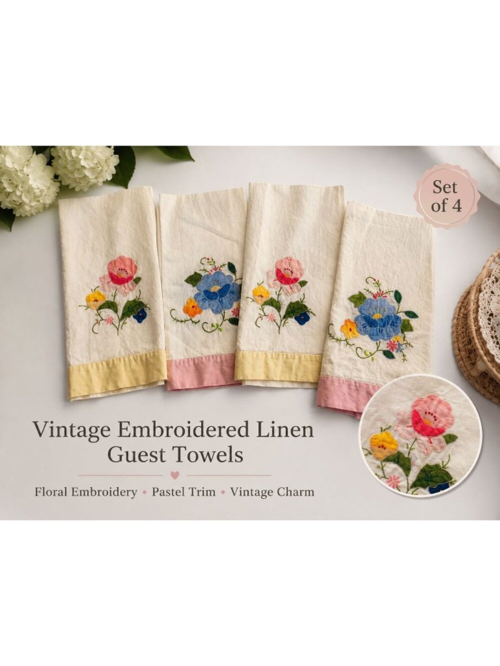 Vintage Embroidered Appliqué Linen Guest Towels Set of 4 Floral Cottagecore
